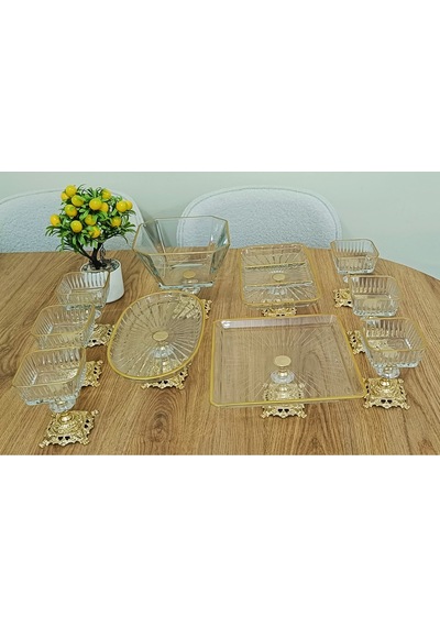 Elta Collection 10 Parca Gold Metal Ayaklı Pasta - Salata - Tatlı - Kase Ve Servis Sunum Seti Gold