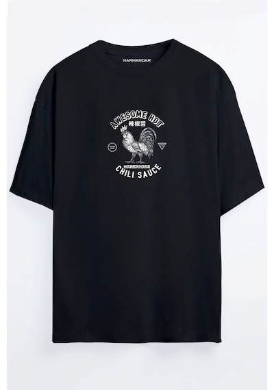 Chili Sos Baskılı Unisex Siyah - Turuncu - Bej Oversize T-shirt SIYAH