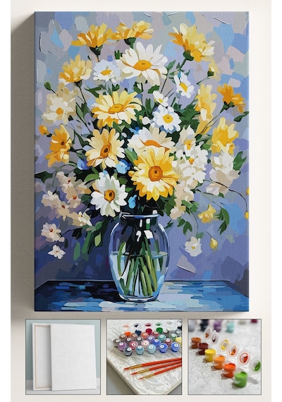 Sayılarla Boyama Seti Numaralı Tuval Fırça Boya Dahil Kasnaklı Set 40x50 Cm - Vazoda Papatyalar
