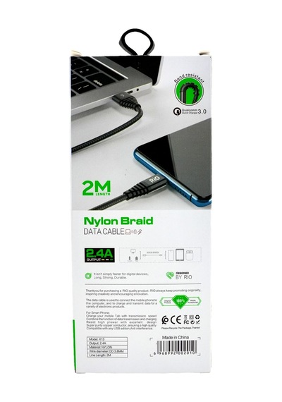 Rio Tech X13 2.4a Hızlı Şarj Ve Data Kablosu 2 Metre Nylon Braid