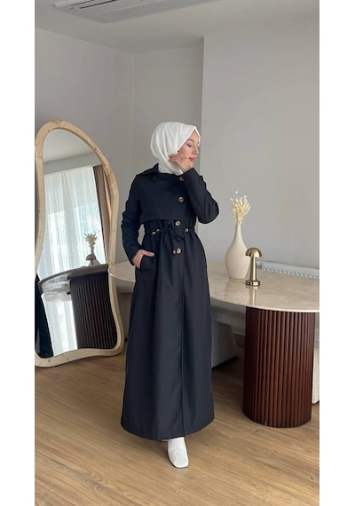 Esra Butik78 Kadın Düğmeli Trençkot Kendi Kumaşından Kemerli Model Siyah