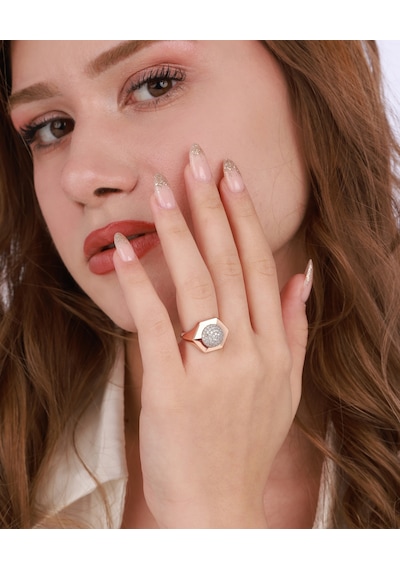Ortası Yuvarlak Çokgen Model Gümüş Yüzük - Rose Renk Pembe Altın