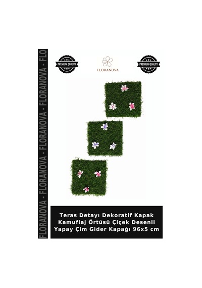 Teras Detayı Dekoratif Kapak Kamuflaj Örtüsü Çiçek Desenli Yapay Çim Gider Kapağı 96x5 Cm Çok Renkli