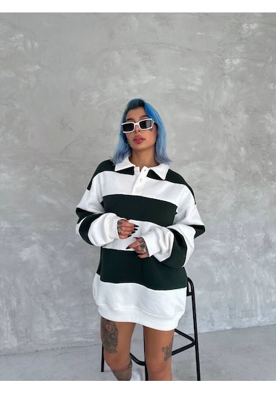 Mbb E-ticaret Kadın 3 İplik Pamuklu Parçalı Yakalı Sweatshirt - Yeşil
