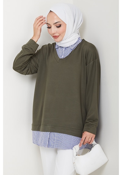 Bestenur Gömlek Yaka Oysho Tunik 1612 - Haki Haki