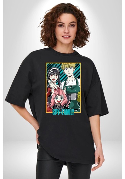 Spy X Family Anime Özel Tasarım Pamuklu Bisiklet Yaka Unisex Oversize Boyfriend Dijital Baskılı Siyah T-shirt Siyah