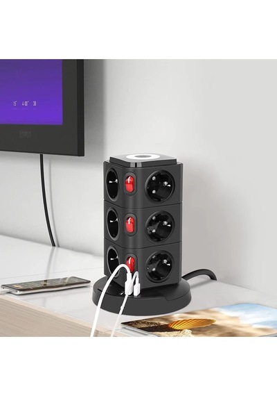 Akım Korumalı Priz Kablosuz Şarj İstasyonu 12xsoket 1xusb 2xtype-c 2 Mt Kablolu Grup Priz Çoğaltıcı 2 M