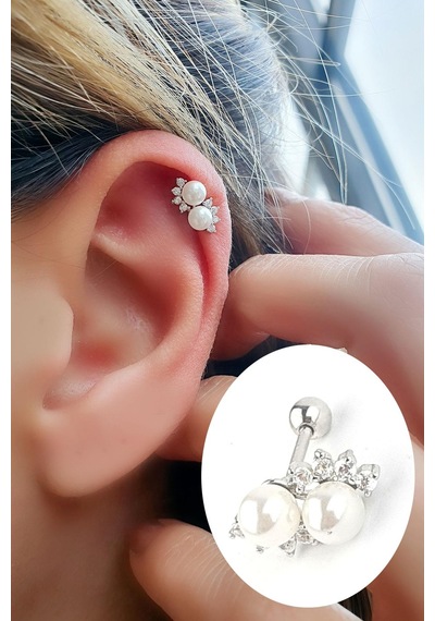 Zirkon Taş Detaylı İncili 925ayar Gümüş Tragus Kıkırdak Helix Piercing 06113735