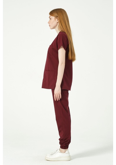 Bordo Likralı Scrubs Jogger Paça Doktor Hemşire Forması Yarasa Kol Takım Unisex