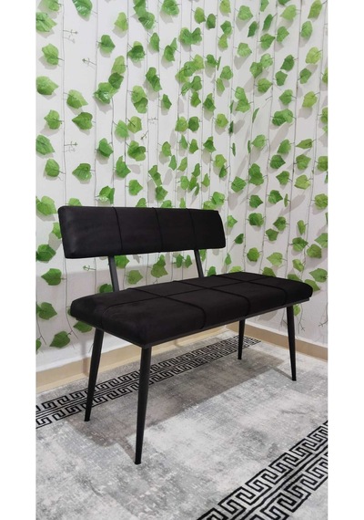 Özcan Metal Siyah Metal Ayaklı Sırtlı Siyah Mutfak Salon Antre Yatak Odası Puf Bank Oturak Siyah