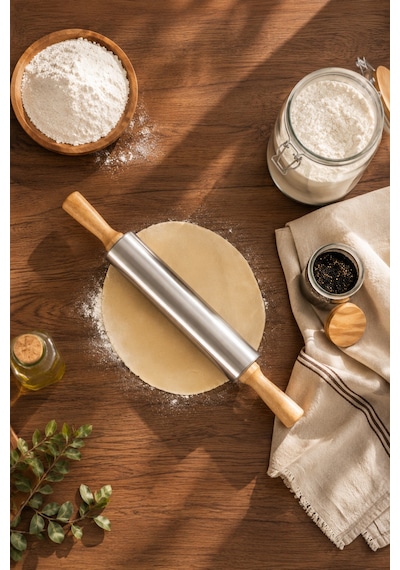 Porsima Mnb05772 Ahşap Saplı Paslanmaz Çelik Merdana Oklava Hamur Pizza Börek Açma Oklava 38cm