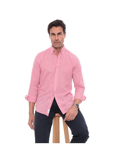 Slim Fit Uzun Kol Yaka Düğmeli Nefes Alan Keten Hediye Kutulu Erkek Gömlek Fs-004548 - Yavruağzı-3226 Kırmızı - Turuncu