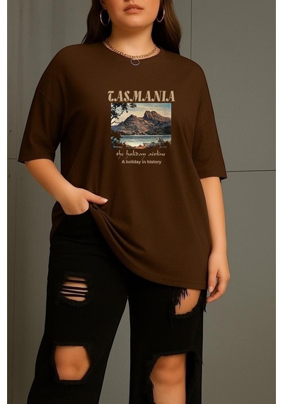 Büyük Beden Tasmania Baskılı Unisex Tişört Kahverengi