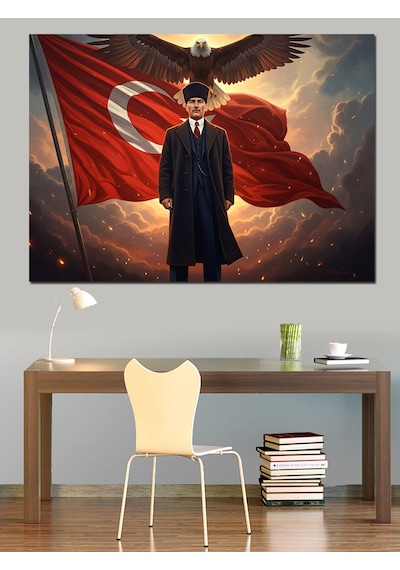Bayrak Önünde Atatürk Ve Kartal Dekoratif Kanvas - Mdf Ahşap Tablo