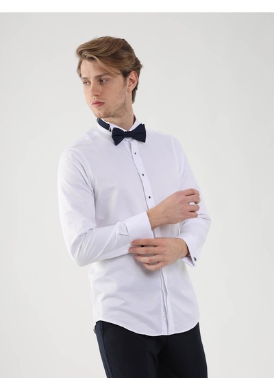 Dufy Beyaz Erkek Slim Fit Desenli Ata Yaka Duble Manşetli Kol Gömlek - 94408-beyaz Beyaz
