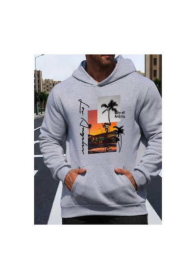 Medinenur Los Angeles Baskılı Kapüşonlu Sweatshirt Gri
