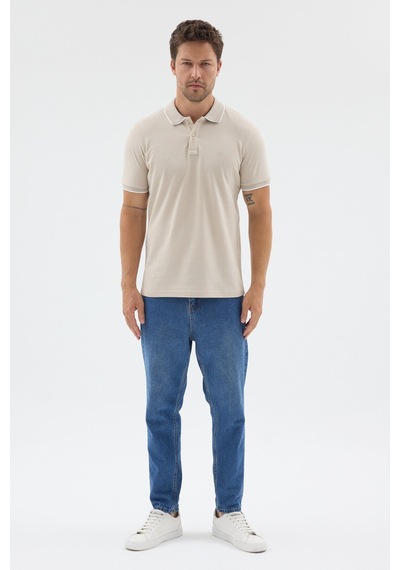 Bej Polo Yaka Pike Kısa Kol Slim Fit %100 Pamuk Tişört 1011260171