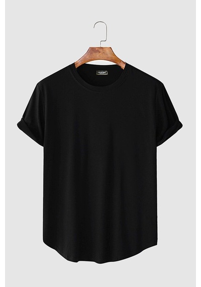 2'li Erkek Lacivert-siyah Kolları Katlı Oval Kesim Cepsiz Bisiklet Yaka T-shirt Lacivert-siyah