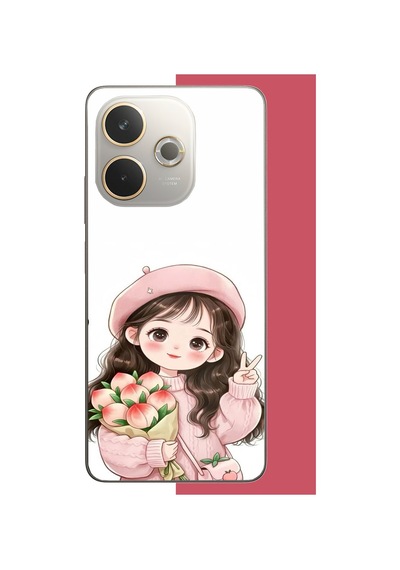 Oppo A5 Pro Uyumlu Kawaii Buket Tutan Kız Baskılı Silikon Kılıf Renkli