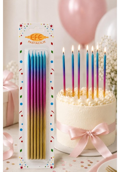 Metalik Gold Pembe Mavi Uzun Pasta Mumu 20 Cm Çok Renkli
