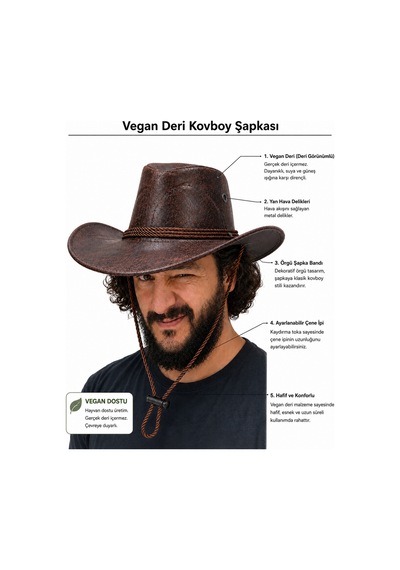 Giyu Shop Unisex Vegan Deri Kovboy Şapka Kahverengi