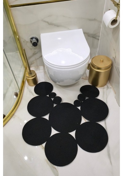 El Yapımı Bohem Jüt, Hasır, Paspas, Banyo Paspası, Klozet Önü Paspası, Klozet Paspas, Çift Taraflı Siyah