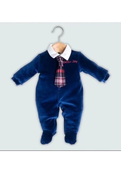 Lamato Baby Ekose Kravatlı Kadife Bebe Erkek Tulum Lacivert