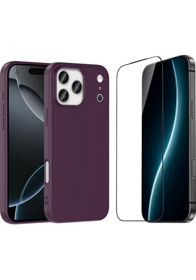 Apple Uyumlu iPhone 17 Pro Max Içi Kadife Lansman Kılıf Ve 5d Tam Kaplayan Cam Ekran Koruyucu Koyu Mor