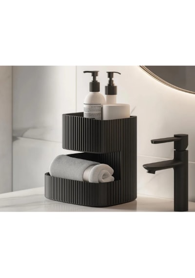 M2s Modern Mat Siyah Çizgili 2 Katlı Banyo Organizeri - Tezgah Üstü Şampuan Havlu Düzenleyici Standı