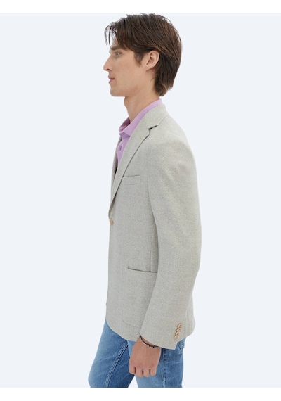 Kip Açık Haki Desenli Modern Fit Keten Karışımlı Ceket Açık Haki