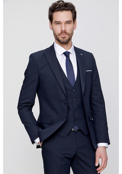 Morven Lacivert Yelekli Jakarlı Slim Fit Dar Kesim 6 Drop Erkek Takım Elbise Lacivert