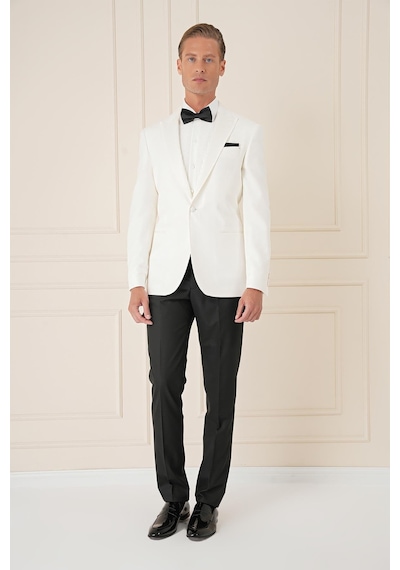 Efor Black 035 Slim Fit Saten Yaka Çift Yırtmaçlı Tek Düğmeli Krem Damatlık Smokin Ceket Krem