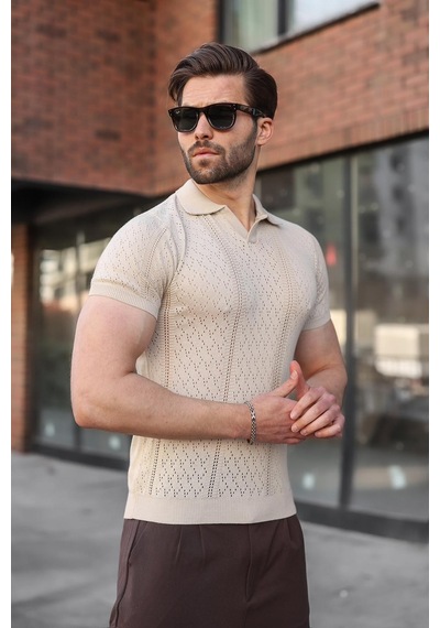 Madmext Taş Rengi Delikli Polo Yaka Erkek Triko Tişört E7495