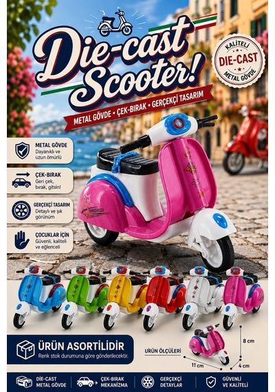 Diecast Metal Gövdeli Çek Bırak Oyuncak Scooter Klasik Motor 11 Cm Çok Renkli