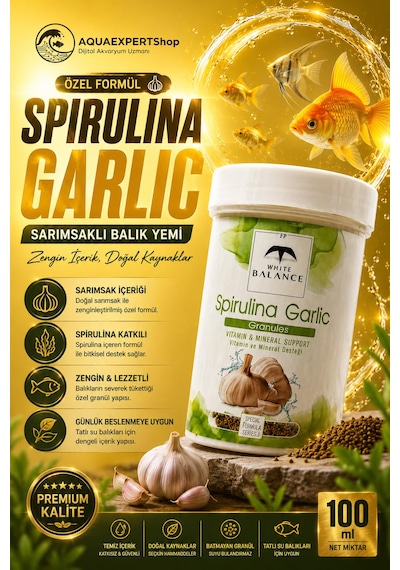 White Balance Spirulina Garlic Granül Balık Yemi - Sarımsak Ve Spirulina İçerikli Özel Formül - Premium Balık Yemi - 100 Ml