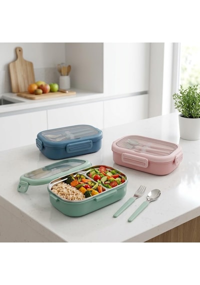 Deconox Paslanmaz Çelik Yemek Kabı 800 Ml, 2 Bölmeli Lunch Box, Çatal Kaşık Dahil, Kilitli Kapaklı Saklama Ve Taşıma Kabı, 21x15x6,6 Cm, Pembe/mavi/yeşil Çok Renkli