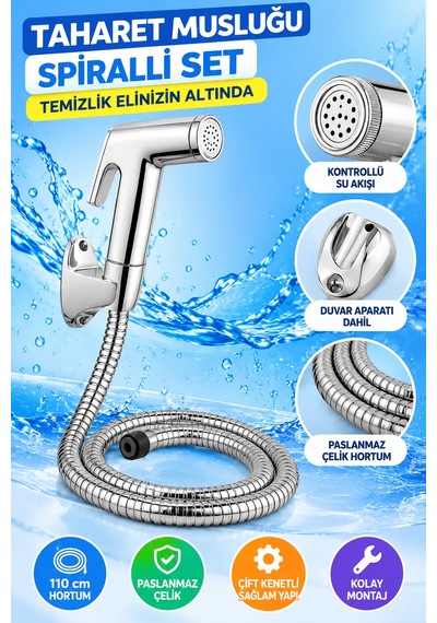 Krom Tabancalı Taharetmatik Taharet Musluğu Seti 100 Cm Spiral Çelik Hortumlu Duvar Askılı Wc Spreyi