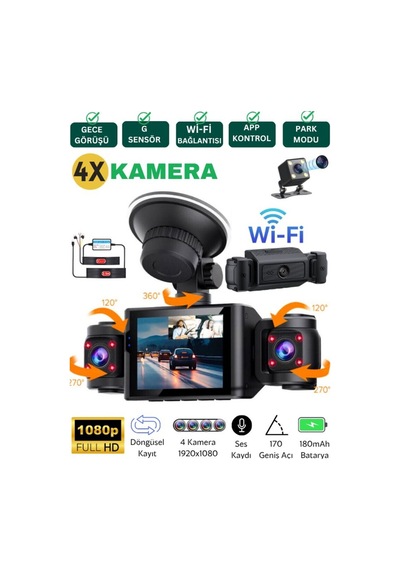 Cc40 Wifi Full Hd Türkçe 4 Kameralı Araç Içi Güvenlik Kamerası Park Modu Gece Görüşlü Dashcam - 731476385