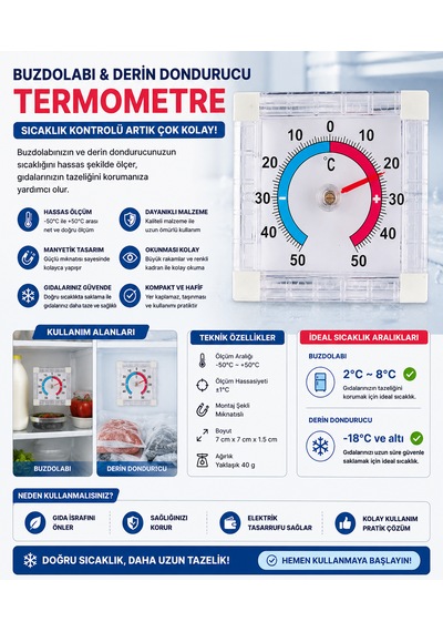 Bimetalik Kare Termometre Yapışkanlı Analog Ortam Sıcaklık Ölçer -50 C / +50 C