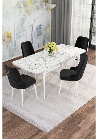 Mona Beyaz Mermer 80x132 Açılabilir Mdf Masa Yemek Odası Takımı, Mutfak Takımı 4 Adet Sandalye Beyaz Mermer - 4 Siyah - Beyaz Ayak Mona Beyaz Mermer 80x132 Açılabilir Mdf Masa Yemek Odası Takımı, Mutfak Takımı 4 Adet Sandalye Beyaz Mermer - 4 Siyah - Beyaz Ayak
