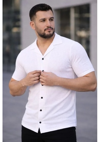 Etiler Collection Erkek Waffle Kumaş Kısa Kollu Düğmeli Açık Yaka Regular Fit Gömlek - Beyaz