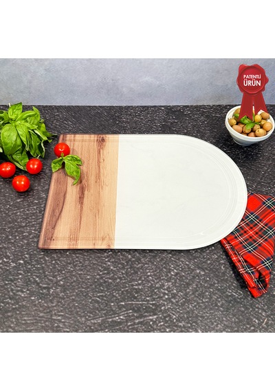 Kanallı Cam Kesme Tahtası - Kenarı Ahşap - Kenarı Oval - 25x35cm