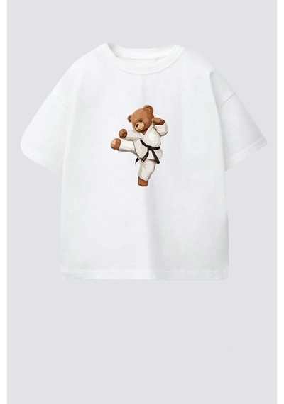 Monila Erkek Çocuk Pamuklu Bisiklet Yaka Karate Ayıcık Baskılı T-shirt Ekru