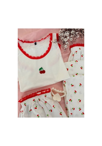 Mh Moony Homewears Fırfırlı Kiraz Dalı 3'lü Yumuşacık Pijama Kızıl