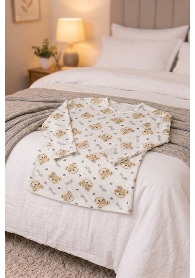 Kadın Pamuklu Desenli Kaşkorse Pijama Takımı Açık Bej
