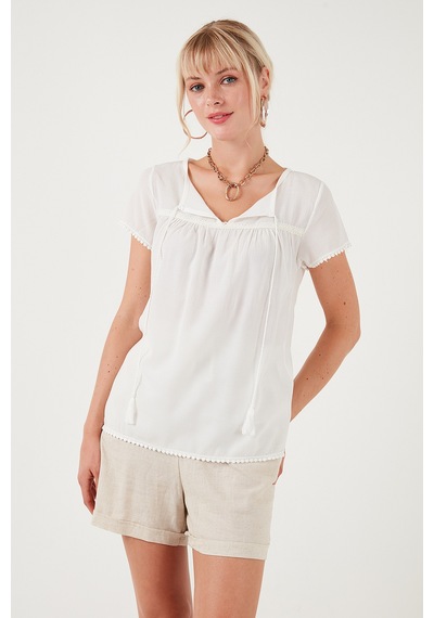 Lela Bağlamalı Yaka Kısa Kollu Regular Fit Bayan Bluz 5865641 Ekru