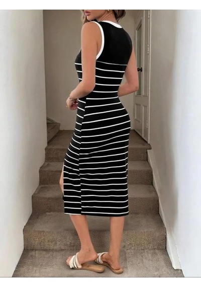 Kadın Askılı Yuvarlak Yaka Şerit Detaylı Yırtmaçlı Midi Triko Elbise Siyah Kadın Askılı Yuvarlak Yaka Şerit Detaylı Yırtmaçlı Midi Triko Elbise Siyah