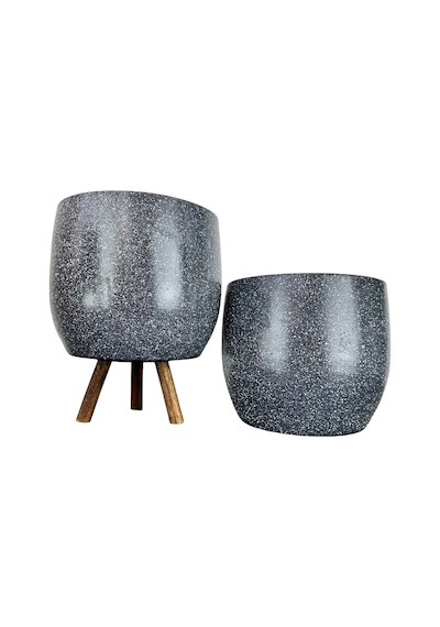 Bitki Tasarımı Ev Dekorasyon Aksesuar Gri Granit Toprak Saksı Saksılık Salon Çiçeklik İkili Set Ayaksız - 3 Ayaklı- 19 Cm