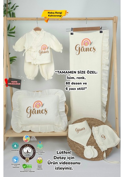Gros Shop Müslin Yeni Doğan 4katlı Organik %100pamuk Kişiye Özgü Nakışlı Hastane Çıkış Seti Gökkuşağı Model-3 Ekru-2