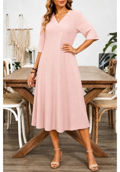 Butik İstanbul Kadın Kısa Kollu V Yakalı Bürümcük Midi Elbise Pembe